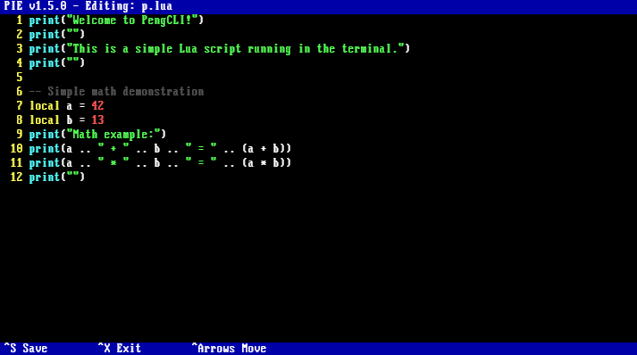 PengCLI terminal mode code example showing Lua script execution with DOS commands