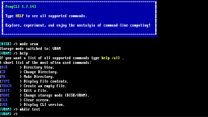 PengCLI Terminal Demo showing MS-DOS command line interface with VGA font and 16-color palette